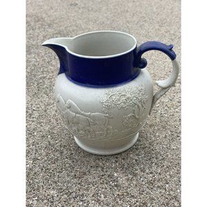 Antique Feldspathic Castleford Type Creamer W/ Hunt Scene & Blue Glaze
